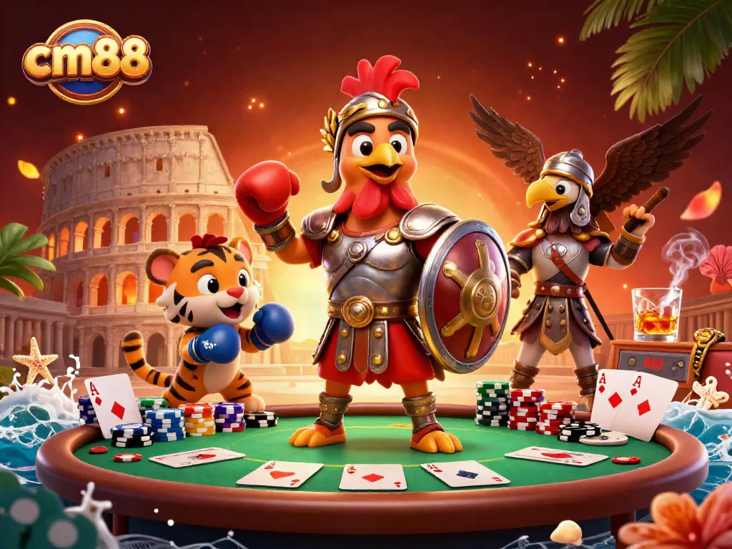 Play cm88 at a lively casino scene featuring a gladiator rooster and poker elements.
