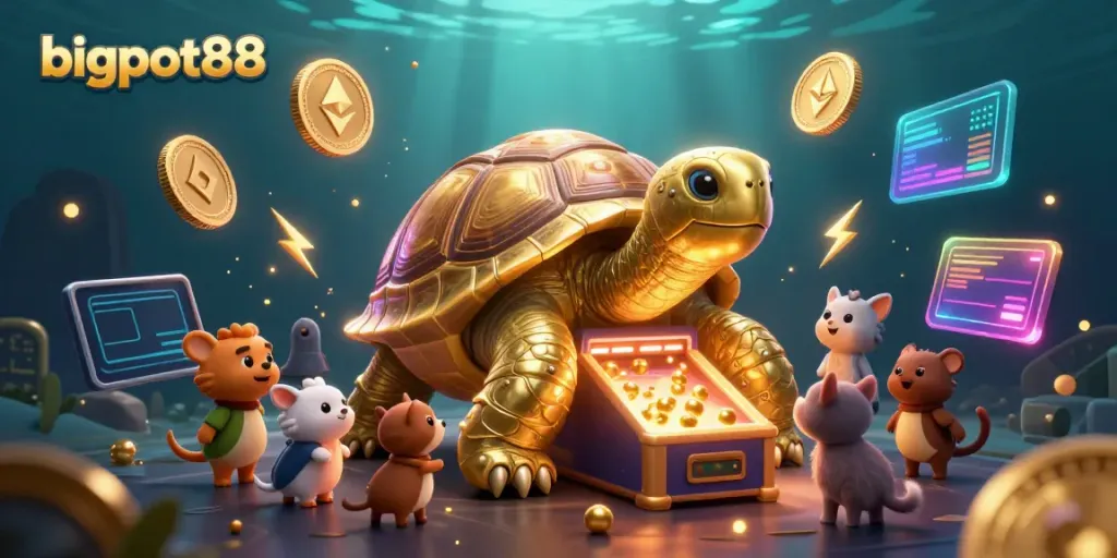 Experience thrilling gameplay with bigpot88 in a vibrant casino illustration featuring a golden tortoise pinball.