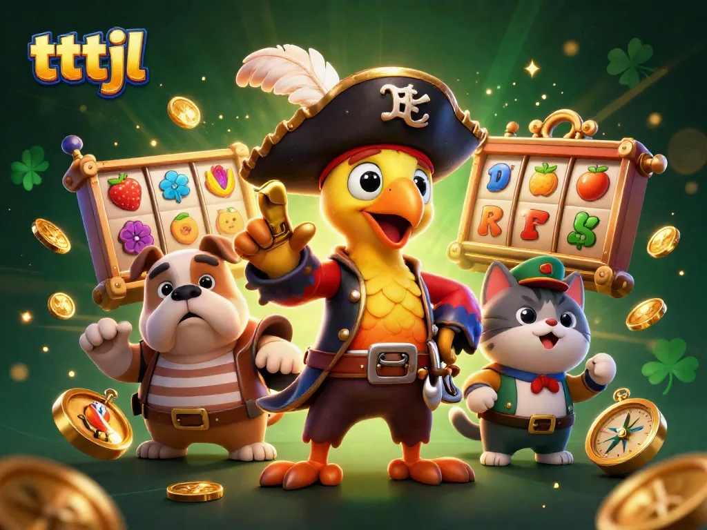Engage with the thrilling gameplay of tttjl as a pirate captain leads the adventure in this vibrant casino scene.