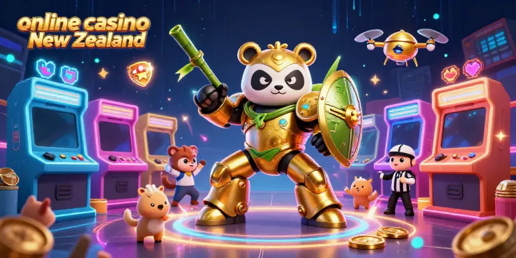 Engaging 3D scene depicting a mech-suit panda in an exciting online casino New Zealand arena with arcade games and spectators.