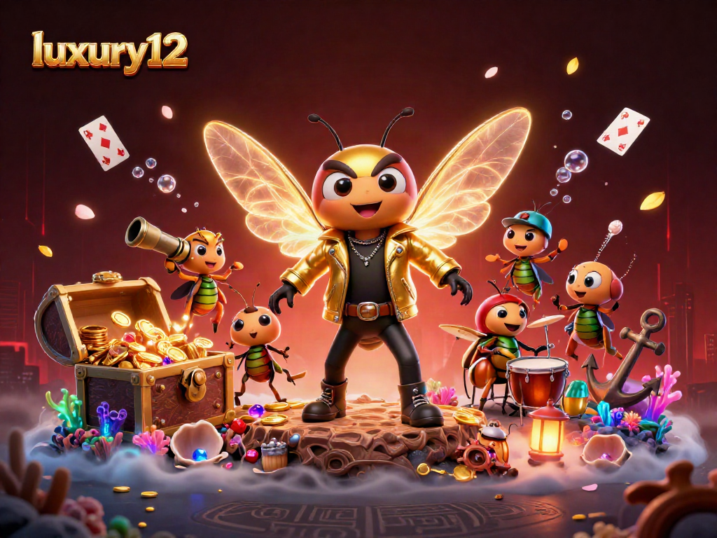 Menangkan besar dengan luxury12 dalam ilustrasi kasino 3D bertema dengan cicada rock star dan elemen permainan.