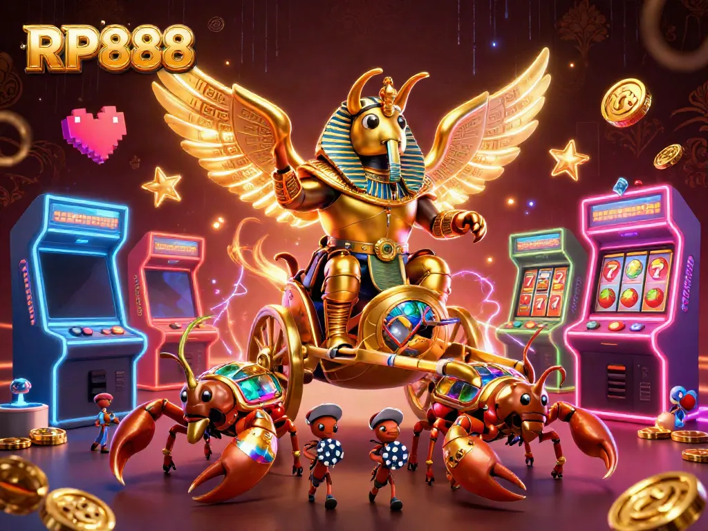 Experience the vibrant action of RP888 with a colossal golden scarab beetle leading a lively casino scene filled with slot elements and arcade machines.