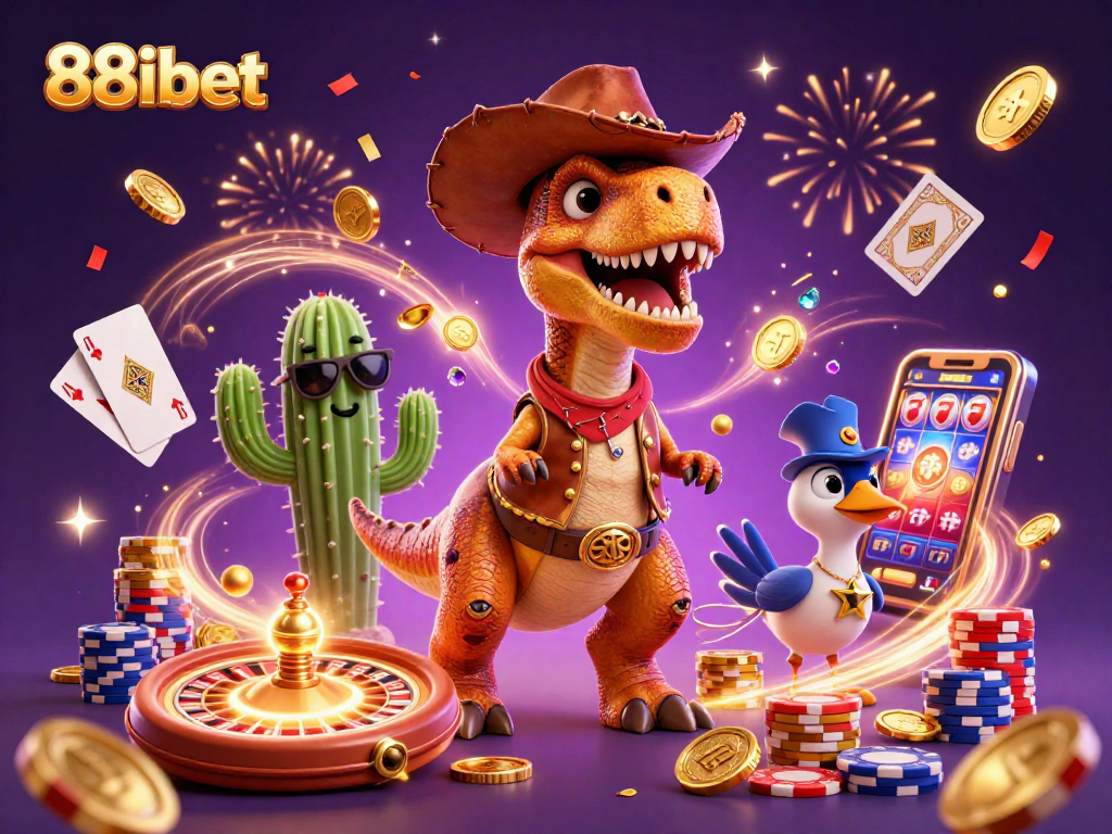 Experience excitement with 88ibet's lively 3D gaming scene featuring vibrant characters and casino elements.