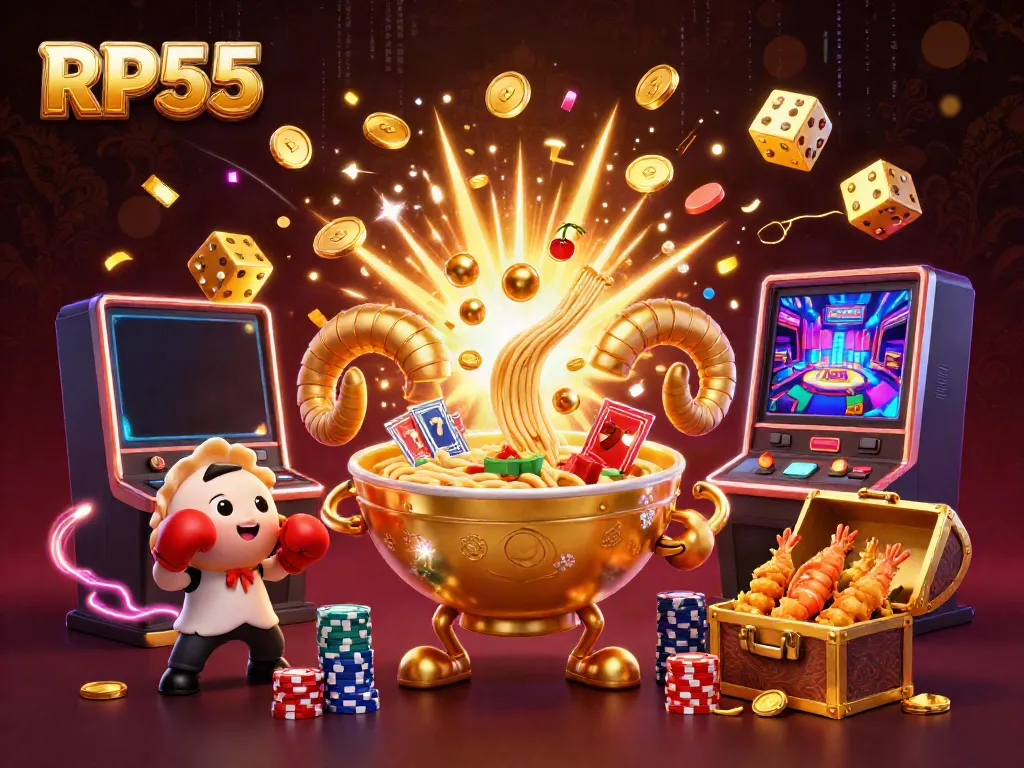 RP55 themed casino illustration featuring dynamic slot machine, golden ramen bowl dealer, and winning symbols