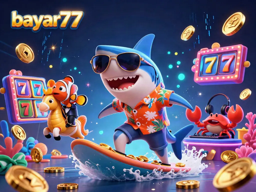 Experience seamless gameplay with bayar77 as a cartoon shark surfs through exciting slot games.