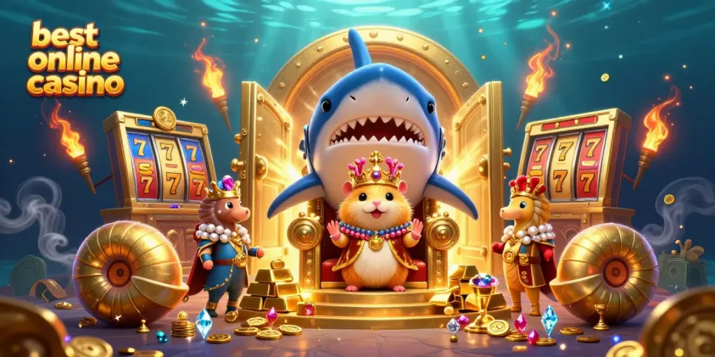 Experience the thrill at the best online casino with a golden hamster king, seahorse guards, and treasure