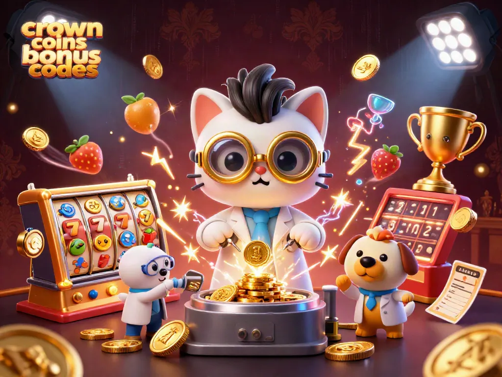 Crown coins bonus codes illuminate a dynamic casino scene featuring a mad scientist cat and dog, with slot machine elements and vibrant action.