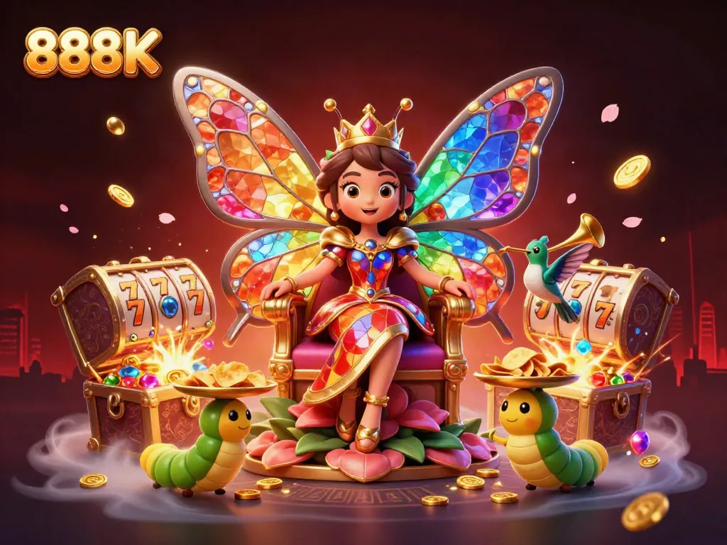 Experience the excitement of 888K with vibrant slot machines, golden chips, and a magical butterfly queen.