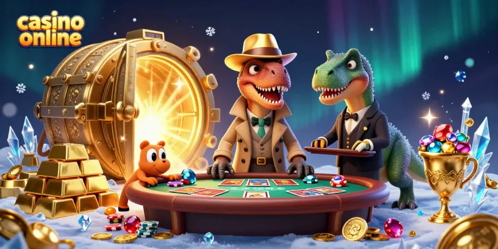 Bermain di kasino online dengan velociraptor dan stegosaurus dalam ilustrasi 3D yang menarik.