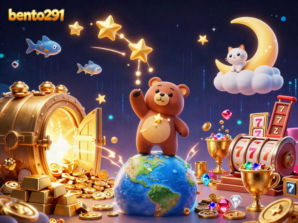 Bento291 showcases immersive gaming with a constellation bear scooping coins among vibrant slot elements.