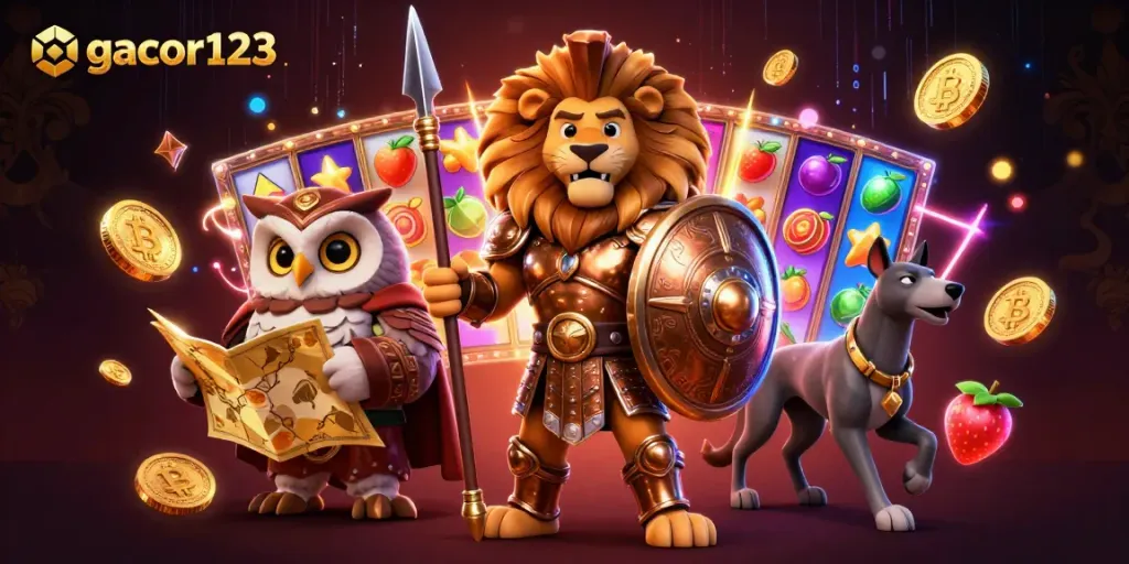 Experience the thrill of gacor123 with vivid 3D characters and dynamic slot game elements surrounding them.