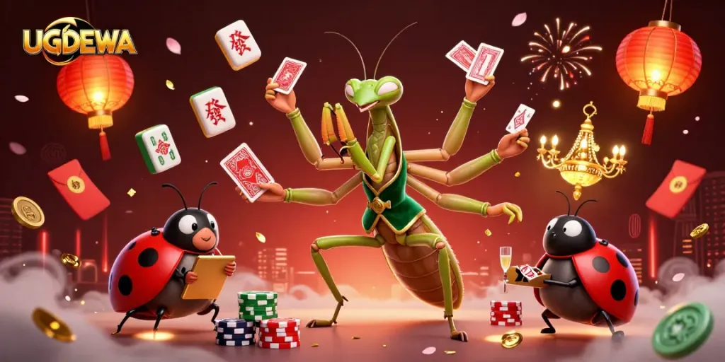 UGDEWA showcases a vibrant online casino scene with a giant mantis and ladybug immersed in gaming.