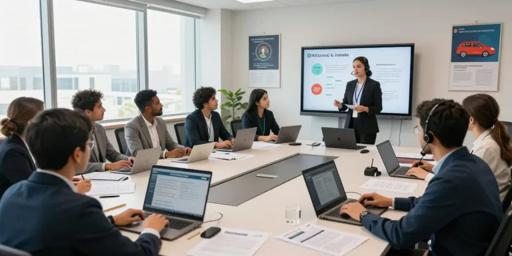 Training session for NVQ Level 6 in Saudi Arabia with diverse participants, laptops, and safety manuals in a modern office.