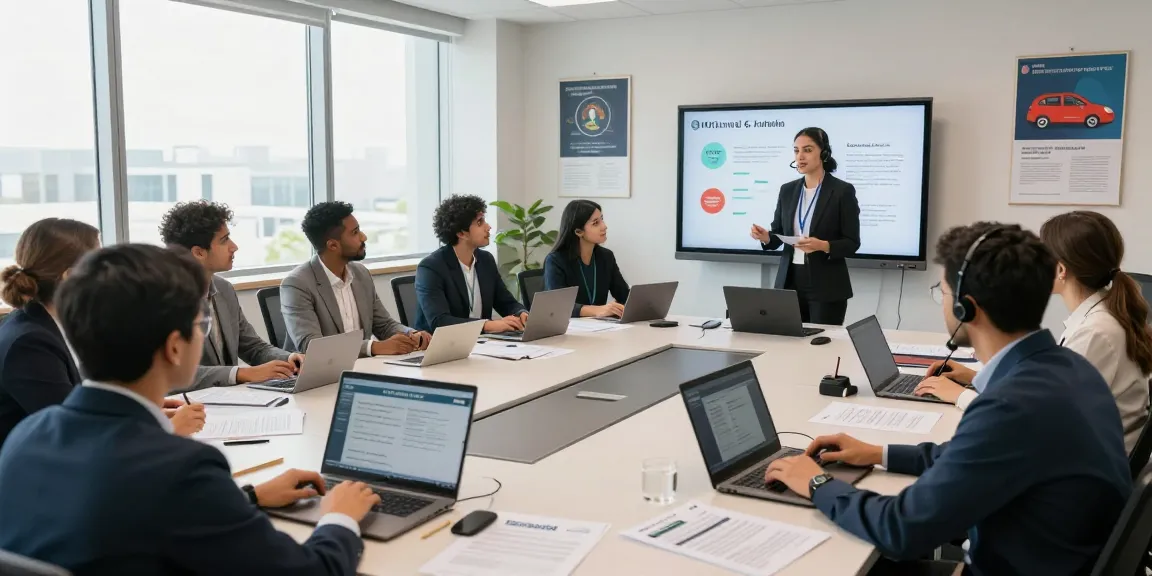 Training session for NVQ Level 6 in Saudi Arabia with diverse participants, laptops, and safety manuals in a modern office.