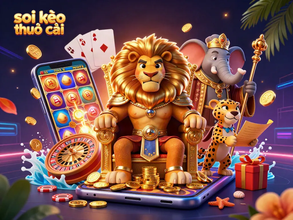 Soi kèo nhà cái reveals dynamic betting strategies with vibrant casino characters and thrilling gaming elements.