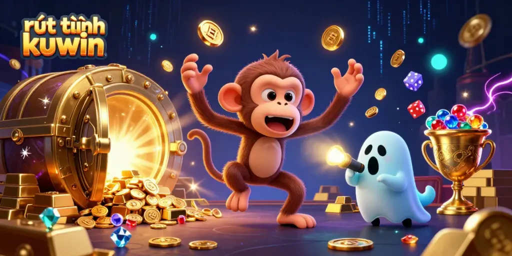 Engage in rút tiền kuwin with thrilling 3D cartoon casino mischief, featuring vibrant characters and gold.