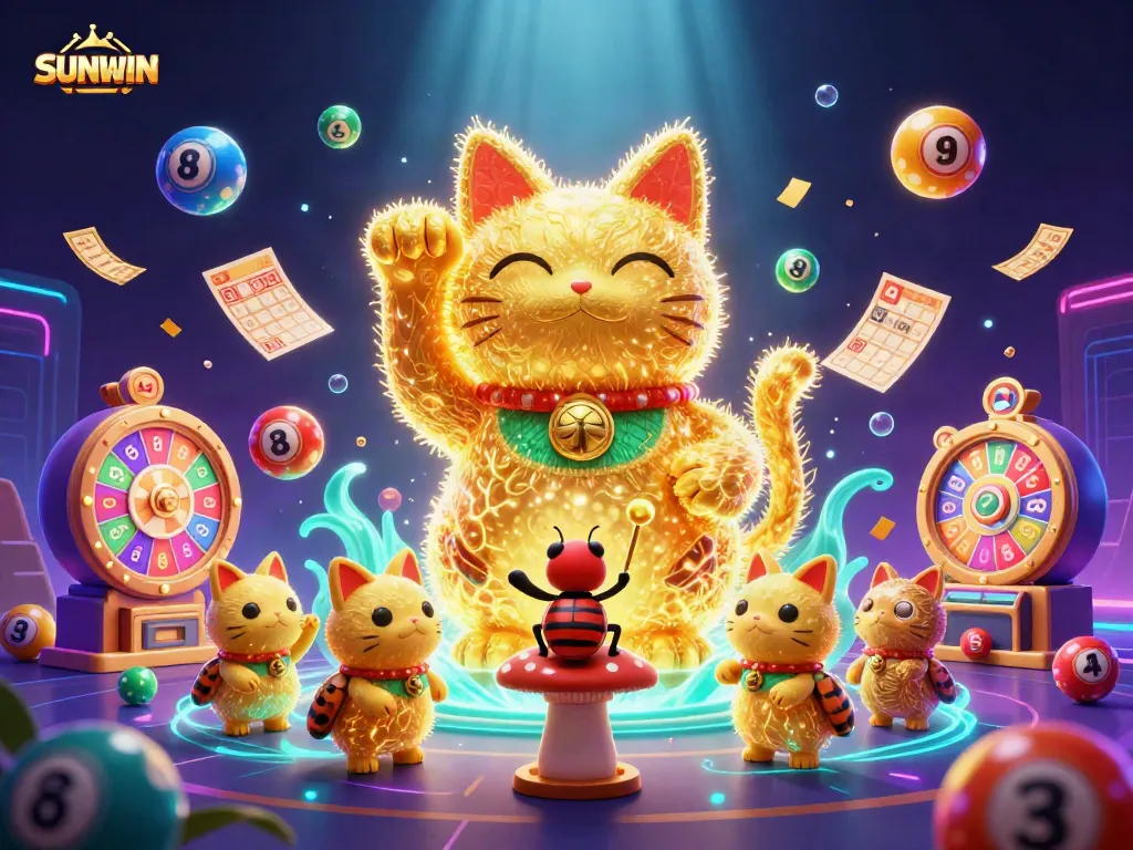 Experience the excitement of SUNWIN with vibrant casino elements and a waving lucky cat in this vibrant digital art.