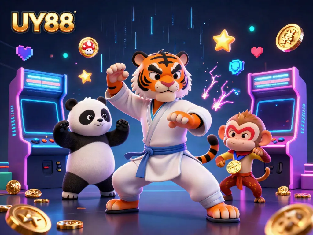 Experience the excitement of UY88 with kung fu characters and vibrant gaming elements