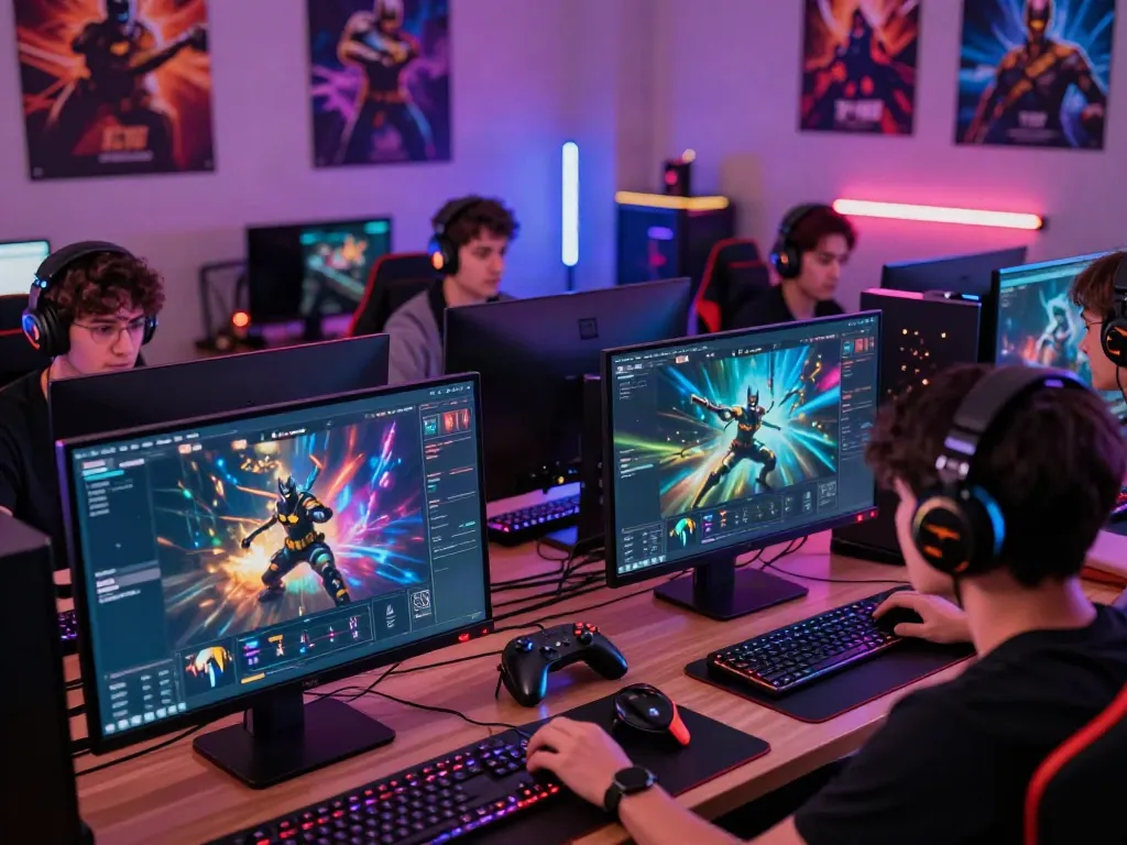 Engaged gamers using the Batman138 platform in a vibrant gaming setting.