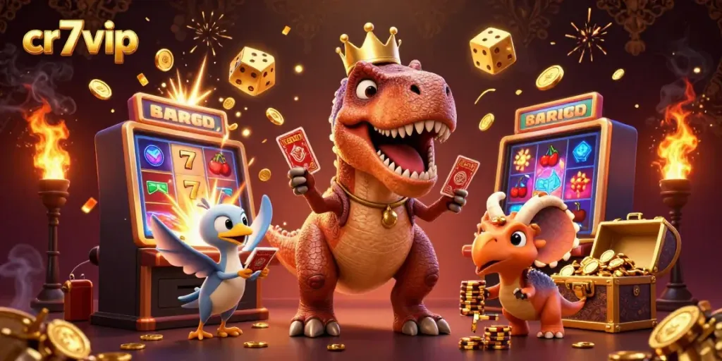 Ilustrasi kartun 3D cr7vip, T-Rex bermain kartu, triceratops menumpuk chip emas.