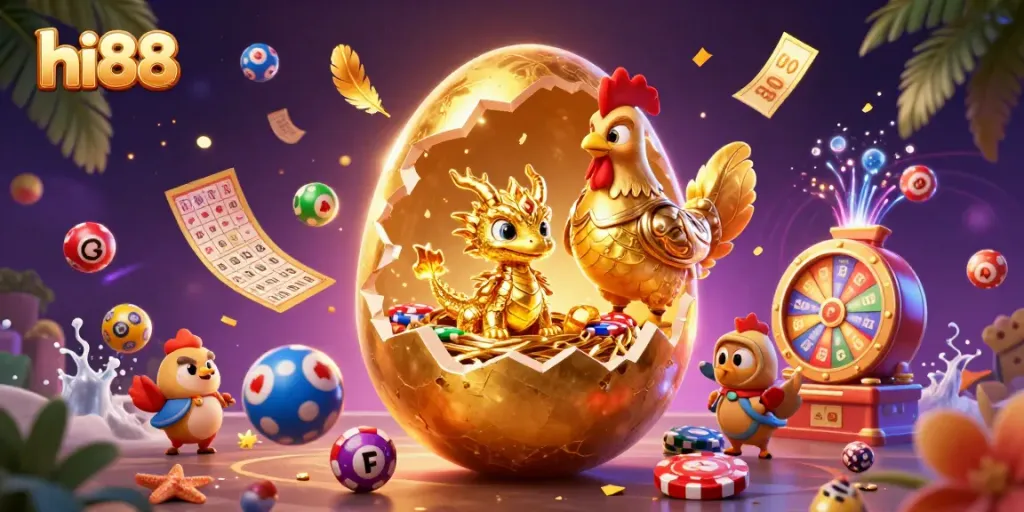 Engage with hi88's dynamic casino experience showcasing a golden dragon emerging from poker chips amidst vibrant gambling elements.