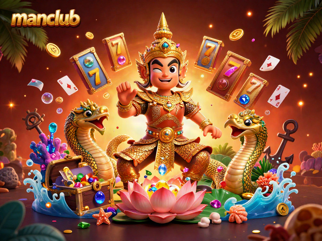 Experience the thrilling manclub with a vibrant 3D scene showcasing lucky slot reels and gold coins.