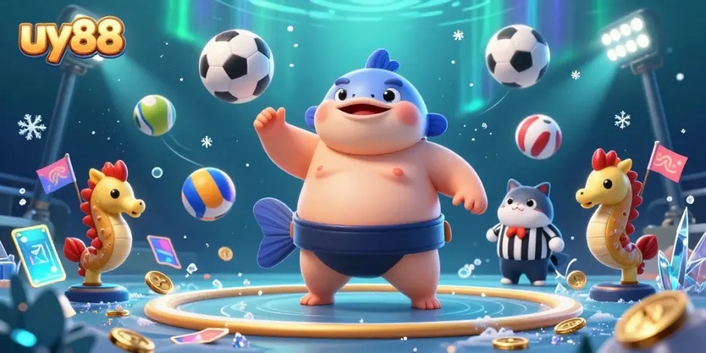 Engage with the extraordinary uy88 underwater casino scene featuring a cartoon fugu and seahorse spectators.