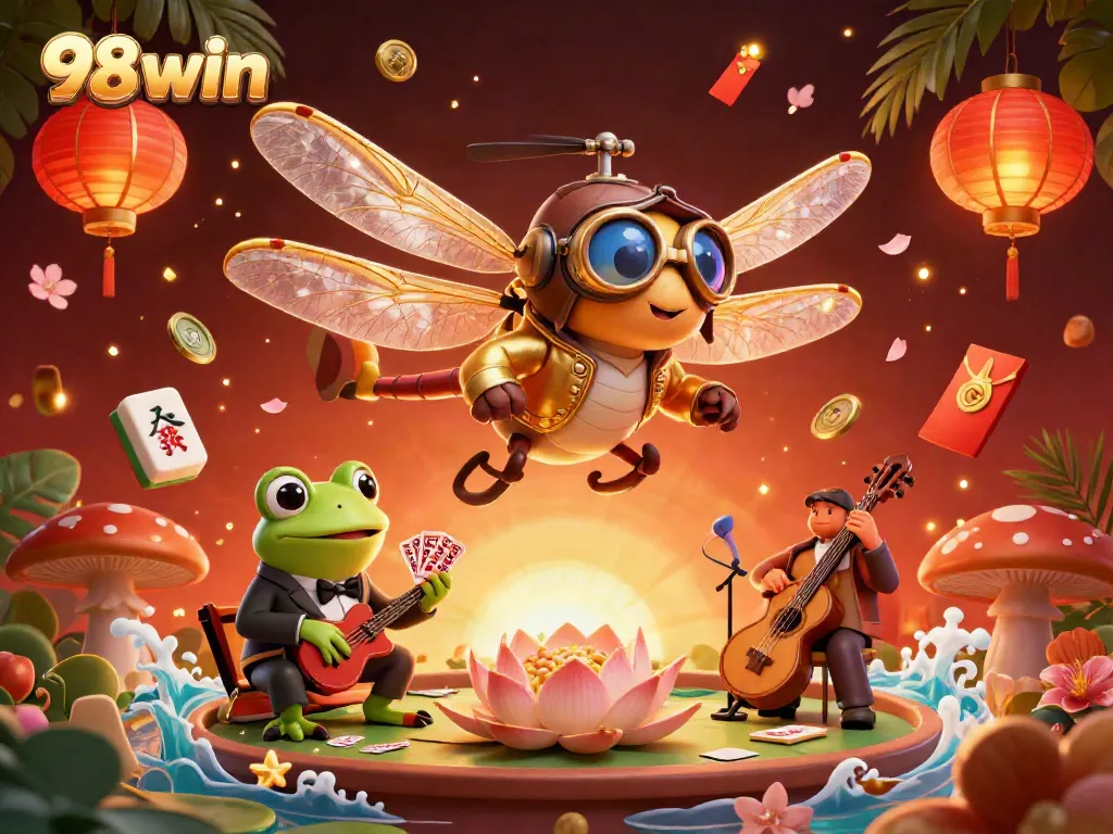 Engaging scene of 98win with a dragonfly helicopter pilot, frog croupier, and cricket musicians amid vibrant casino elements.