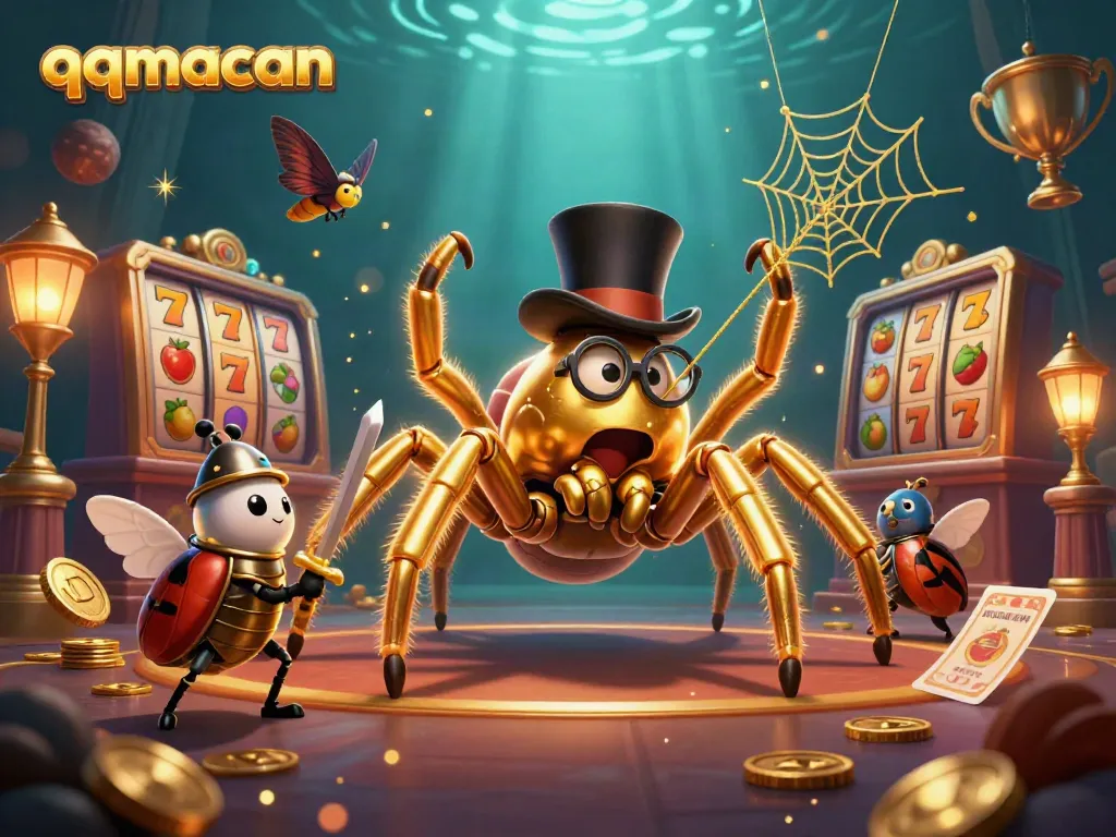 Engage in thrilling gaming at qqmacan with a vibrant illustration of colorful characters and casino elements.