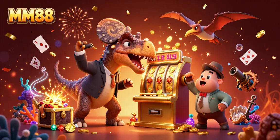 MM88 casino illustration with iconic characters collecting jackpot coins and celebrating excitement.