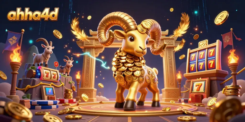 A dynamic scene showcasing the ahha4d casino experience with a golden ram charging through a winning moment.