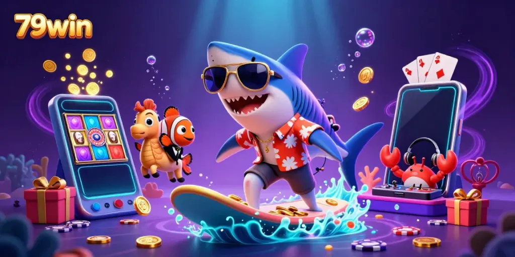 Engage with winning strategies at 79win, highlighted by our vibrant 3D underwater casino illustration.