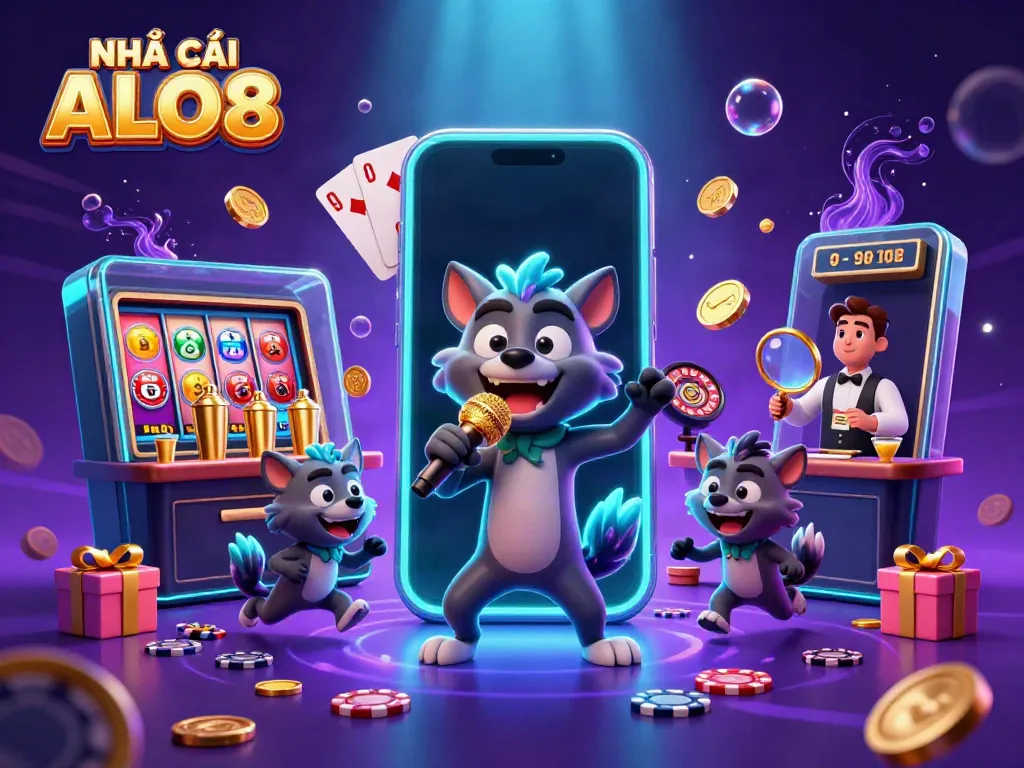 NHÀ CÁI ALO8 showcases a lively casino scene with hyena characters engaging in gaming activities.