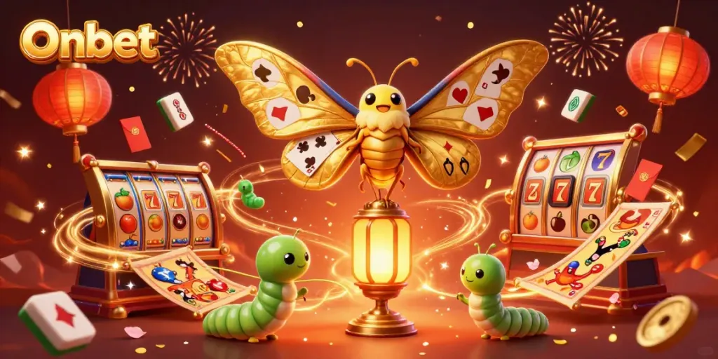 Experience thrilling gameplay at Onbet with our vibrant casino moth illustration amidst dynamic game elements.