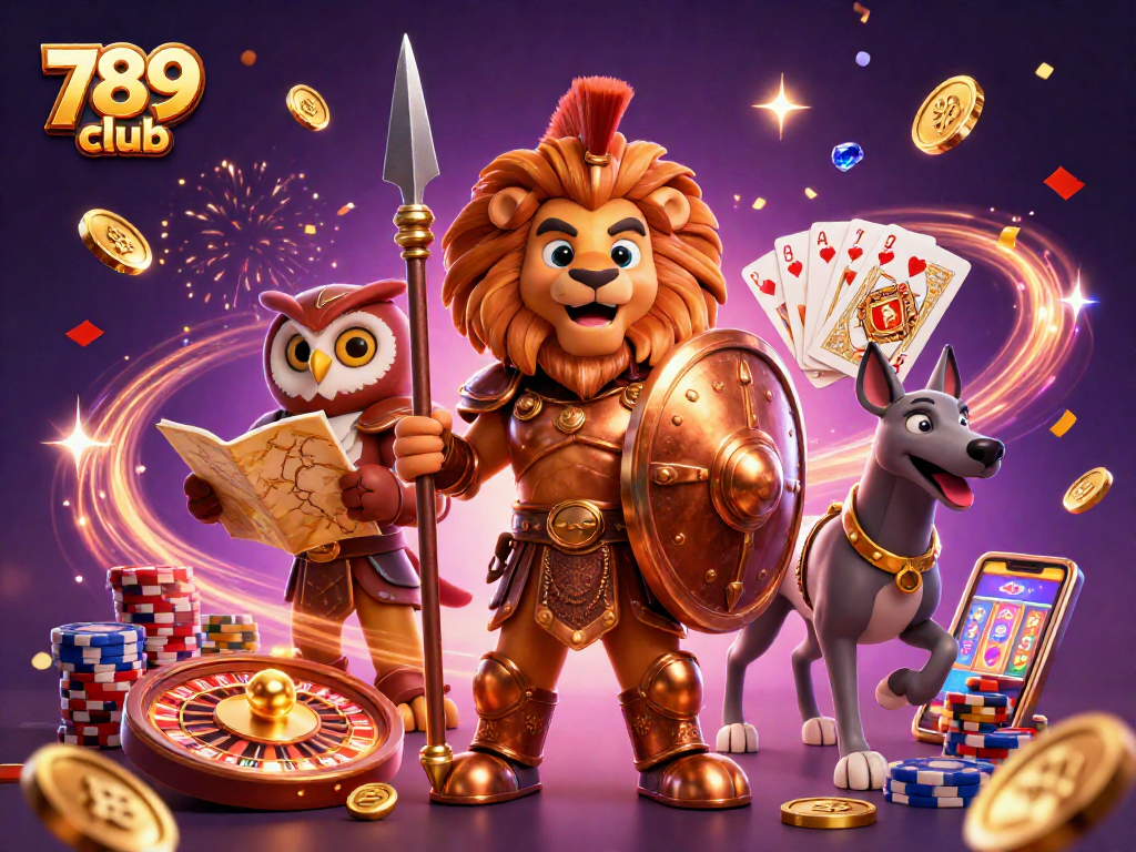 Experience excitement with 789 club in this vibrant casino illustration featuring diverse game elements and characters.