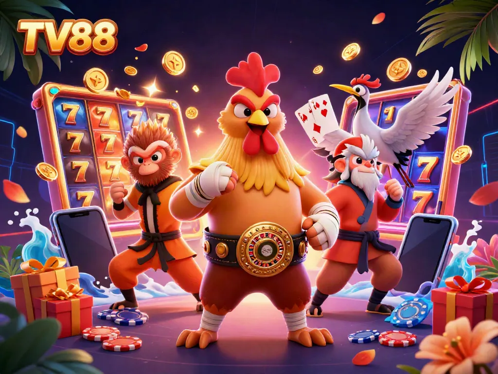 Engage with TV88's vibrant slot games featuring fierce characters and casino elements.