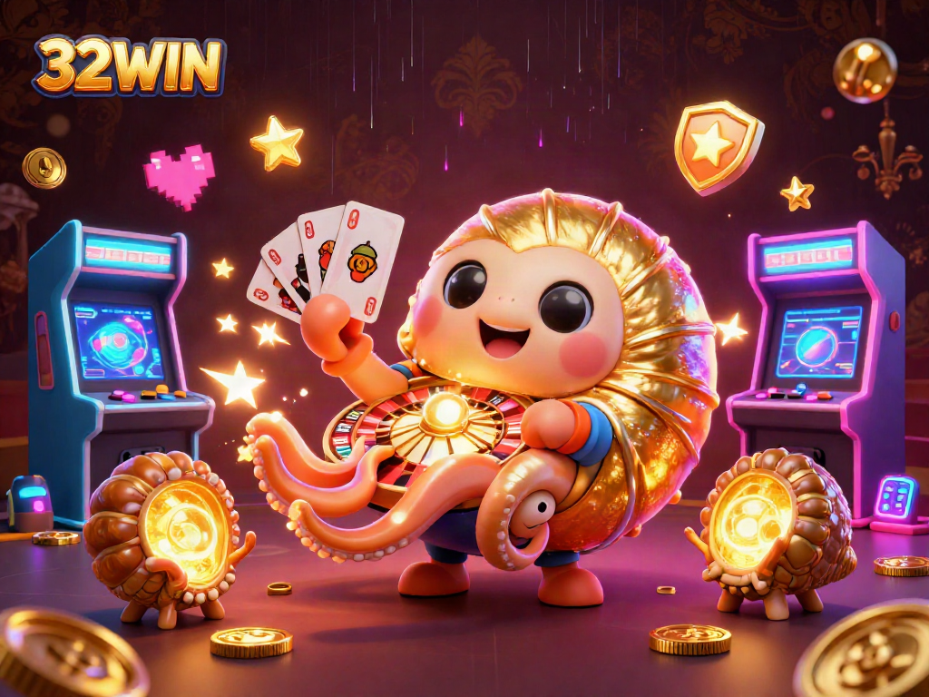 Experience the excitement of 32WIN with this vibrant 3D casino scene full of gaming elements.