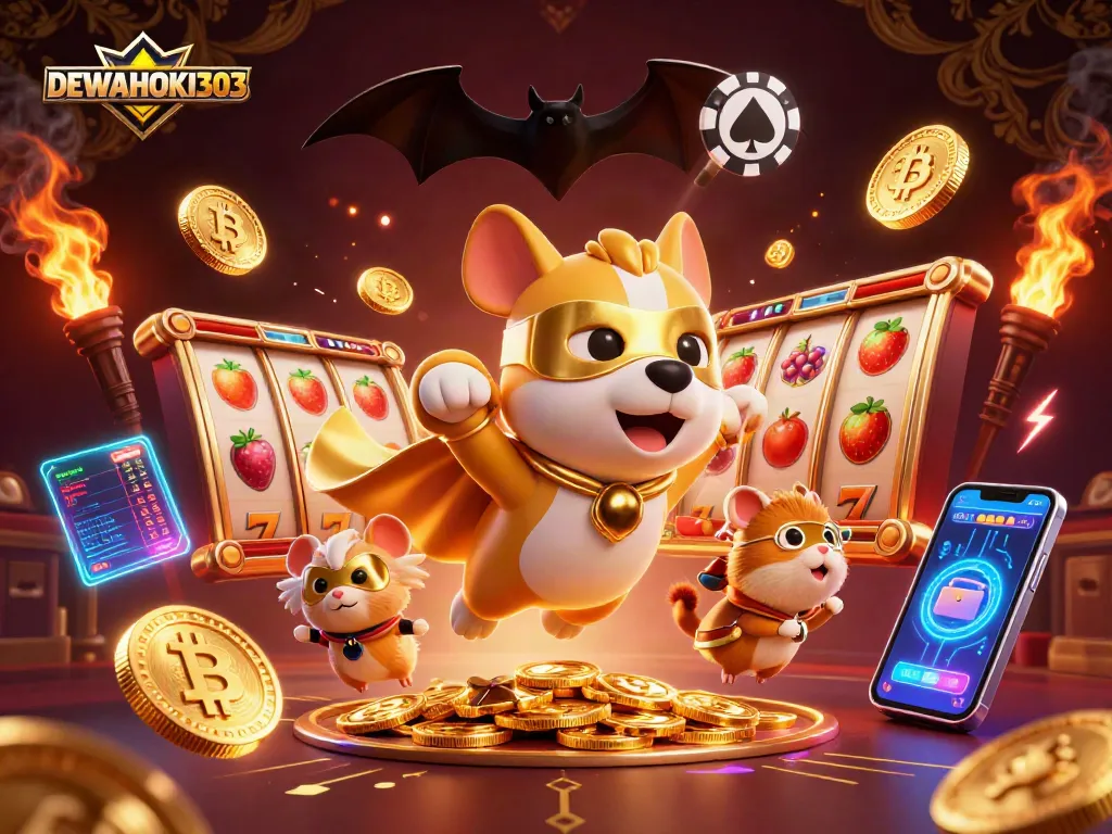 DEWAHOKI303 menghadirkan momen seru dengan superhero dog membawa koin emas dalam dunia slot online.