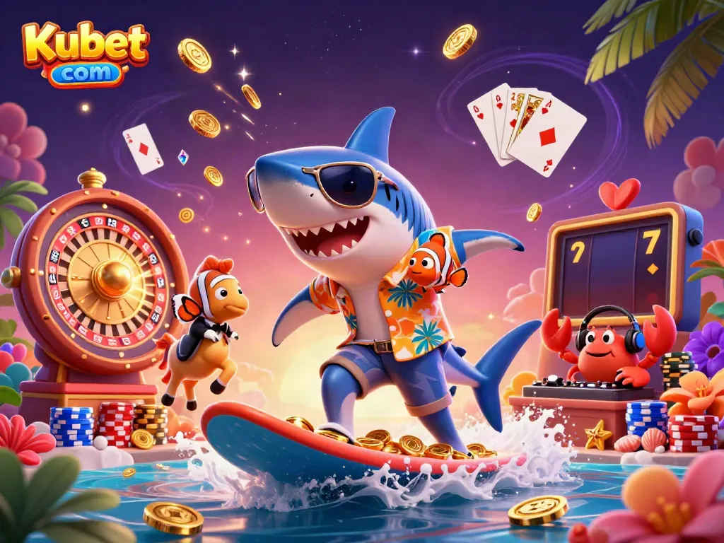Kubet com offers exciting casino experiences with a shark and seahorse in a playful scene of gold coins and casino games.