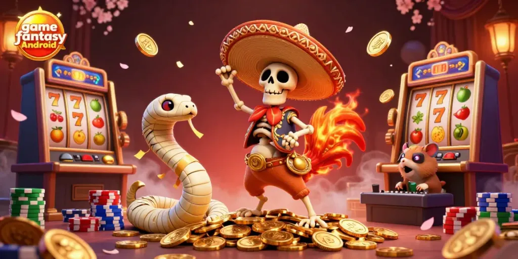 Merayakan kemenangan dalam game fantasy Android, ilustrasi 3D dengan karakter unik dan elemen kasino.