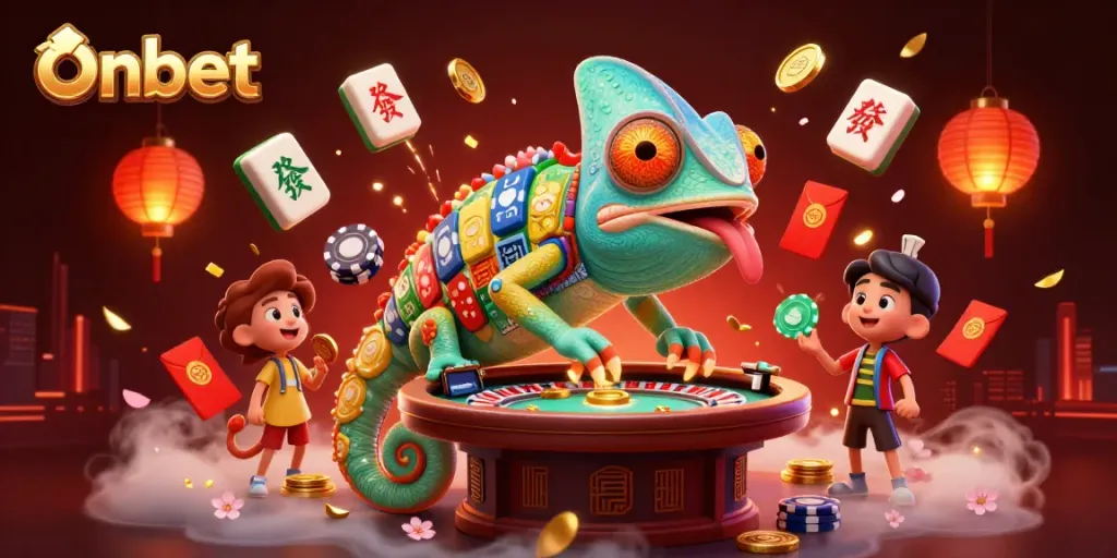 Experience thrilling casino action with Onbet's chameleon owner catching golden coins at a vibrant gaming scene.