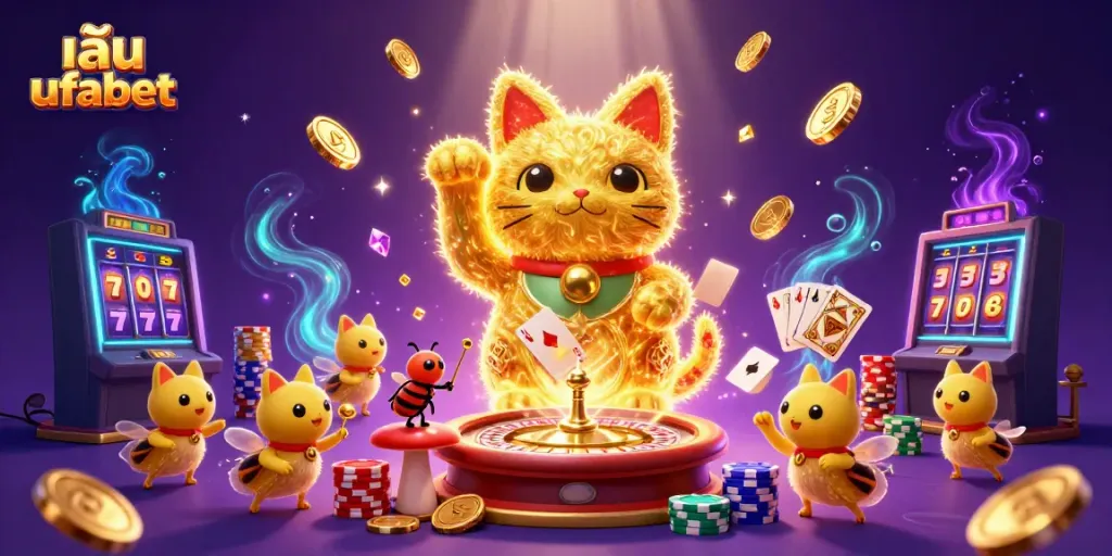 Experience the thrill of เล่น ufabet with dynamic casino-themed artwork featuring a lucky cat and vibrant symbols.
