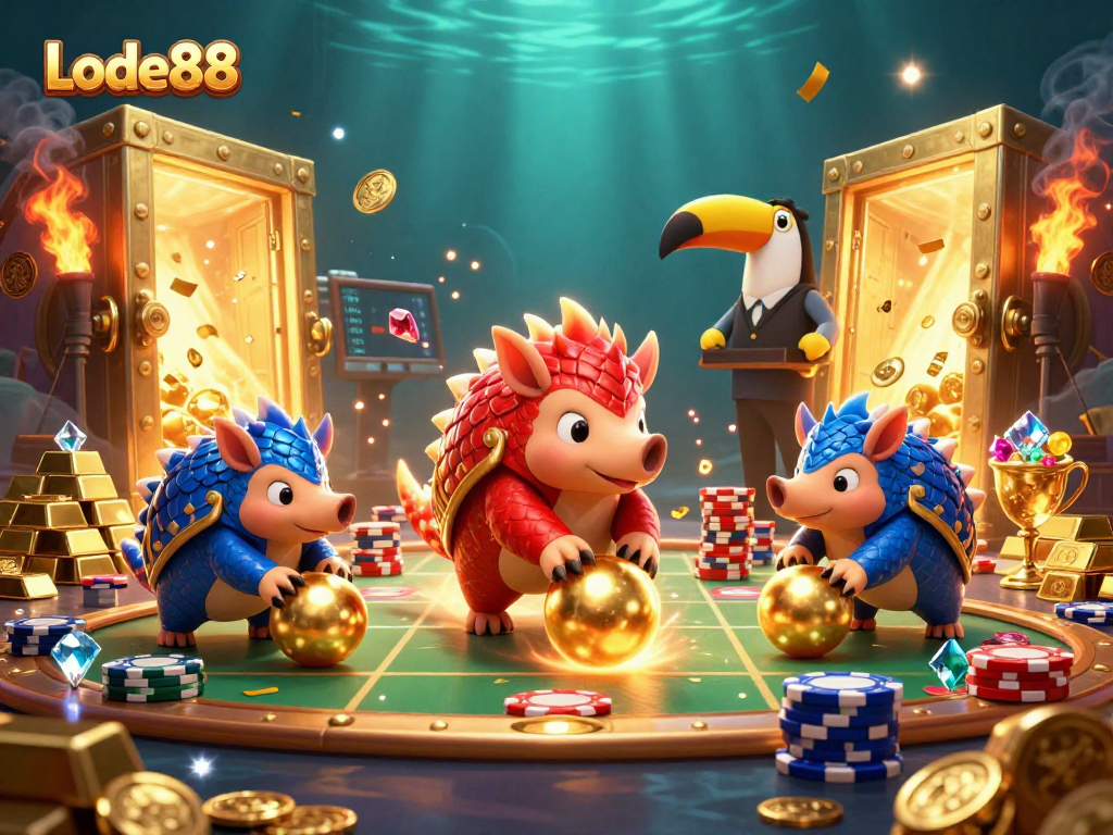 Lode88 pangolins compete in a vibrant casino showdown with gold coins, poker chips, and sparkling gems
