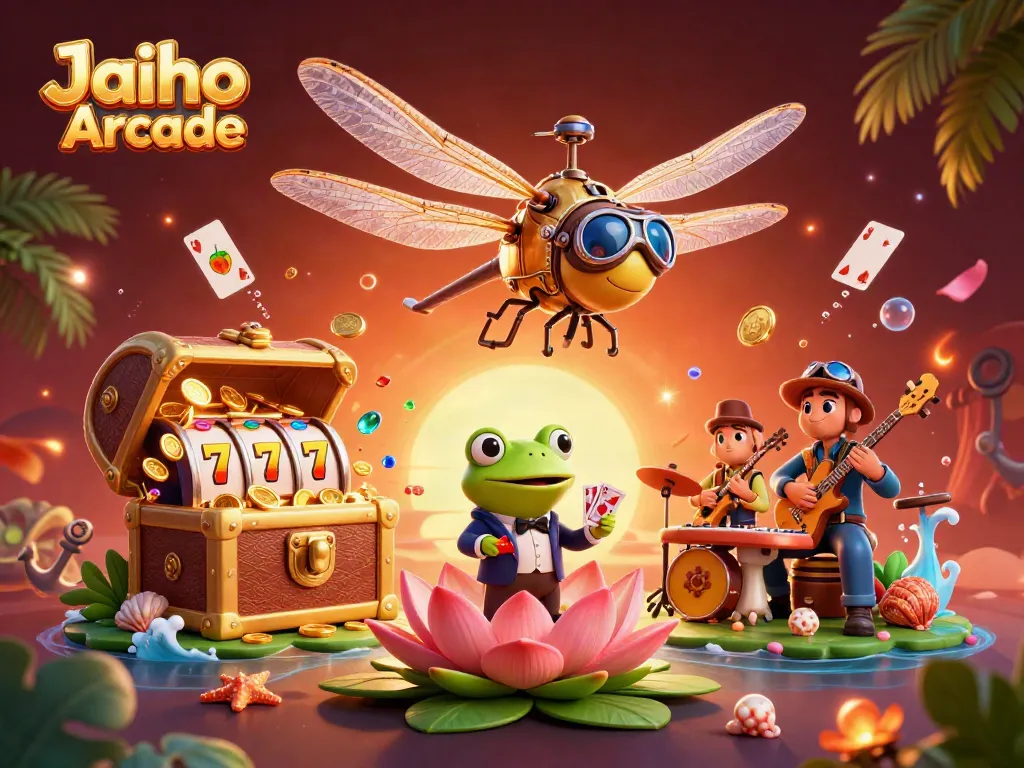 Engaging scene showcasing Jaiho Arcade with dragonfly pilot, frog croupier, and jazz musicians amidst vibrant casino elements.