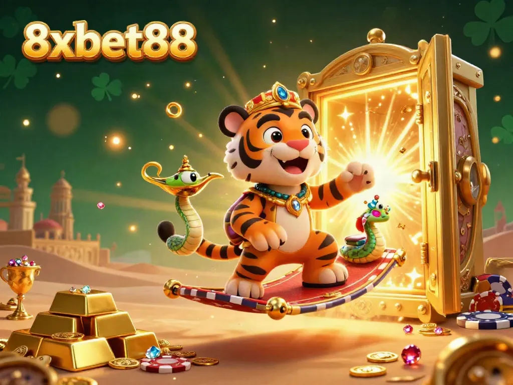 Engage with the 8xbet88 casino experience in an ultra-detailed Arabian Nights digital art scene filled with treasures.