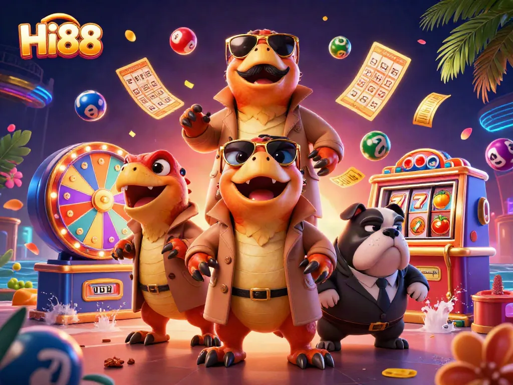 Engage with Hi88's thrilling VIP experience, as raptors in trench coats attempt entry to a bustling casino.