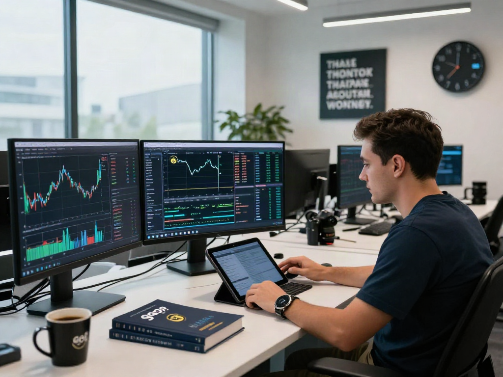 Trader analyzing go8 cryptocurrency trends in a modern trading office with multiple screens.