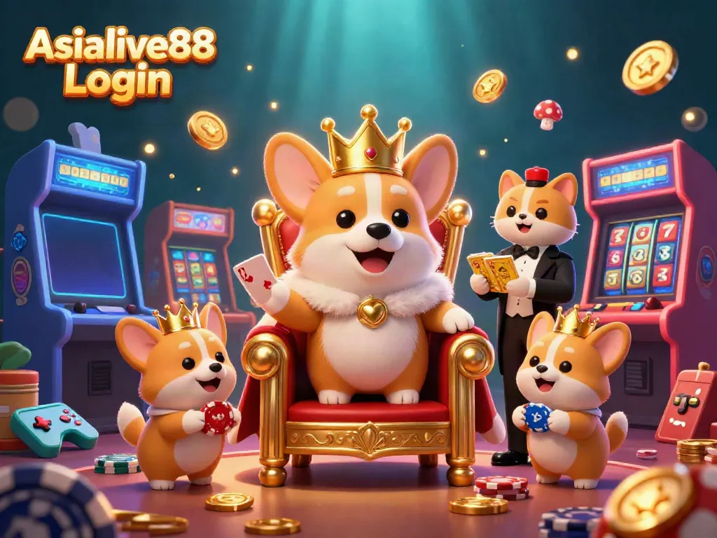 Play to win big with Asialive88 Login at this vibrant casino scene featuring royal corgi royalty.