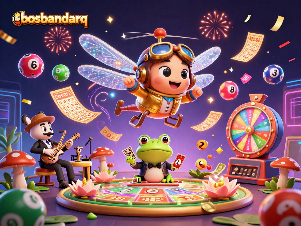 Engage with bosbandarq as a dragonfly pilot interacts with a lively lily pad casino, enhancing your gaming experience.
