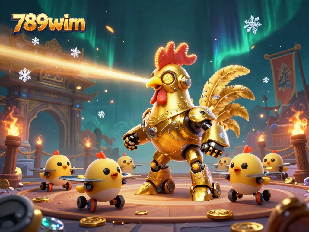 Immerse in the excitement of 789wim's vibrant casino world featuring golden rooster robot and chick drones.